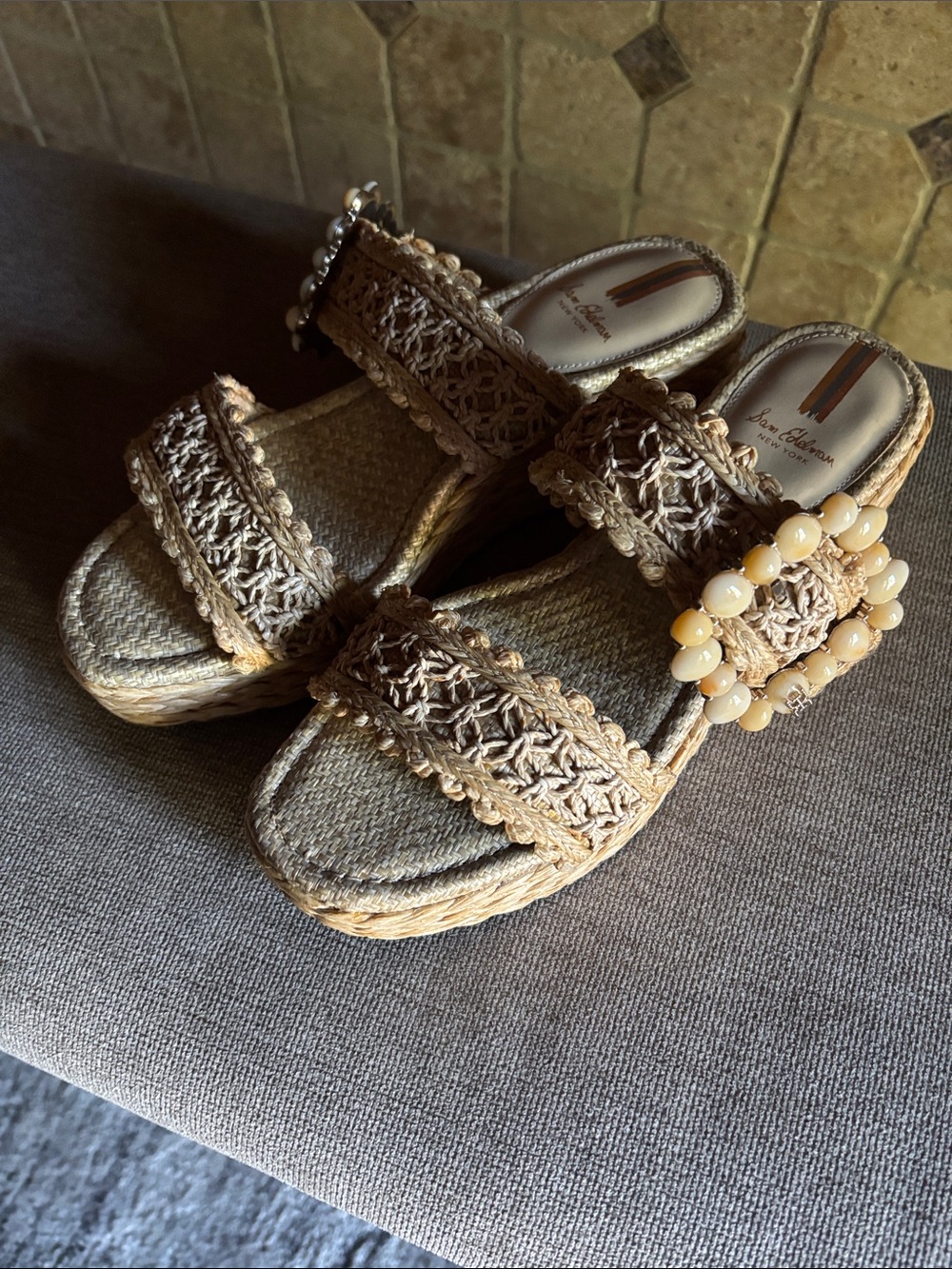 Sam Edelman Tan Braided Wedge Slide Sandals with Beaded Accent - Picture 3 of 4